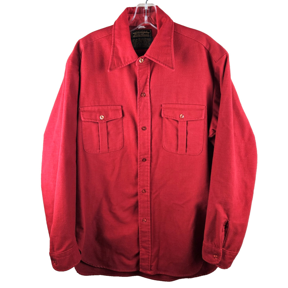 Vintage Eddie Bauer Mens L T Chamois Shirt Red USA Made Heavy Flannel Pockets